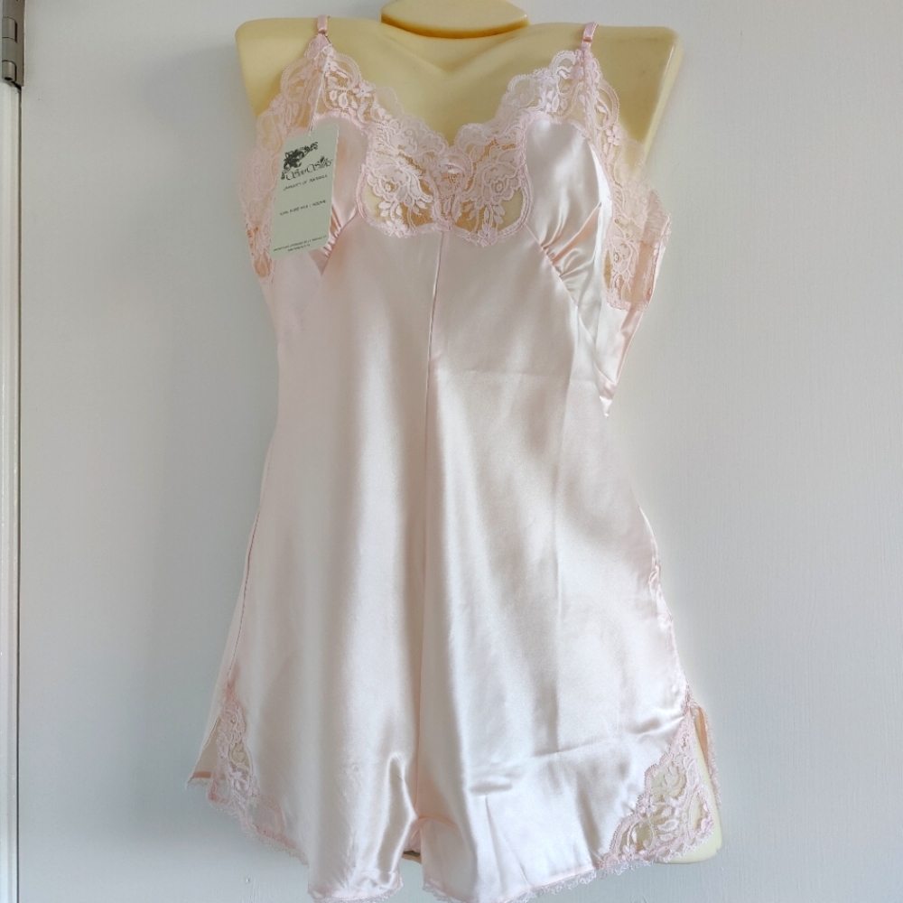 NWT Silk Lingerie Romper | Satin Bodysuit/Playsuit with Lace Slit- Pink
